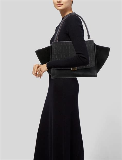 celine medium croc trapeze bag in black|WOMEN'S LUXURY BLACK BAGS AND HANDBAGS .